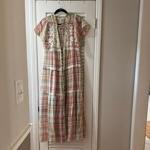 Free People Pastel Plaid Tiered Midi Dress with Embroidered Front